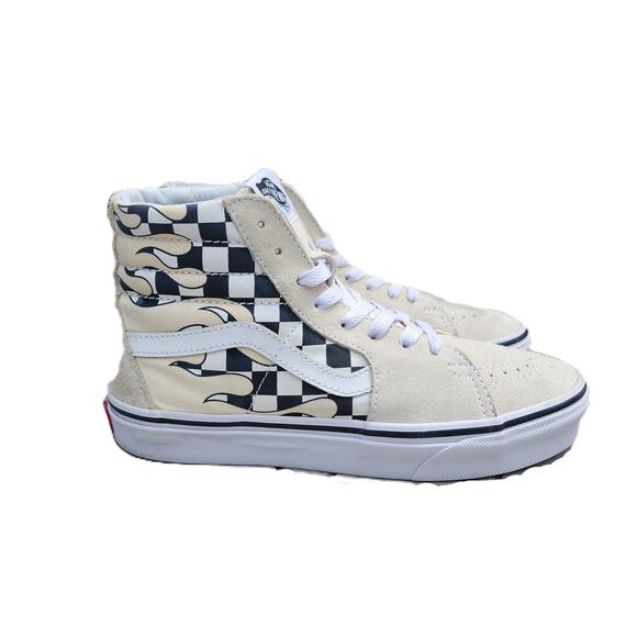 Vans Sk8-Hi Checker Flame Sneakers Off White Black High Top Classic Skate Shoes - Picture 2 of 10